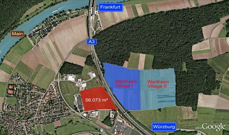 Wertheim Village: Zu erwerbende Gewerbehalle noch nicht vorhanden, mit dem letzten Gewerbegrundstück liegt  direkt neben der A3 WÜ-FRA